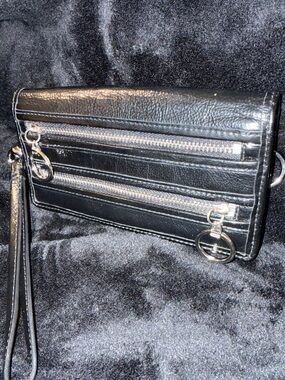 Coach Black Leather Wristlet Clutch with Zip Pocket Accents